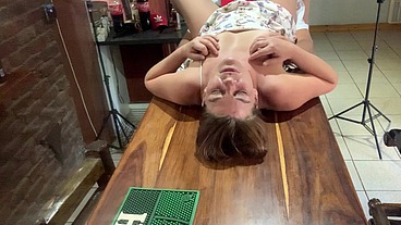 Perfect tits bar lady pussy eating fucked on the bar