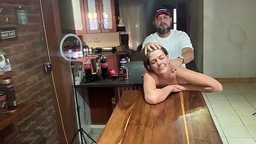 Perfect tits bar lady pussy eating fucked on the bar