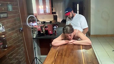 Perfect tits bar lady pussy eating fucked on the bar