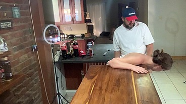 Perfect tits bar lady pussy eating fucked on the bar