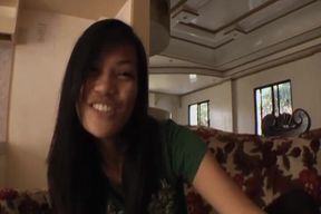 Slender asian girl doing casting for the first time