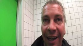 FFM threesome and mature anal in a public toilet with two guys in overknee boots