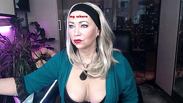 Mature Slut Wife in a red satin negligee, with a ponytail on her head and a dick in her mouth ...))