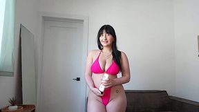 Brunette gets her massive tits and ass coated in slick lotion