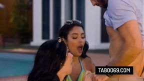 Perv stepson in hardcore threesome sex with his stepmom Queenie Sateen and her bestie Vanessa Sky