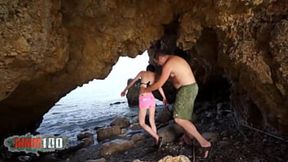 Slender brunette gets intense creampie at the shore