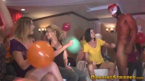 Masked stripper receives blowjobs from naughty bachelorettes