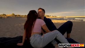Spanish girl gets wild on a beach as someone watches