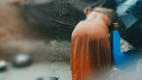 The desi sister-in-law of the village opened the drenched saree and took a bath in the open bathroom.