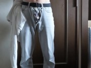 A Japanese man relieves his work stress by masturbating his nipples and cock.
