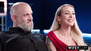 Blonde hotwife gags on BBC while hubby holds her hand