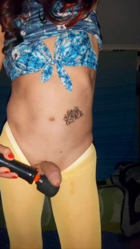 Using my big wand vibrator to get hard and dribble pre cum