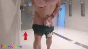 Wet and soapy games with my shaved, thick foreskin cock in a public shower room.