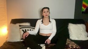 cute brunette braids fully clothed vibrator orgasm