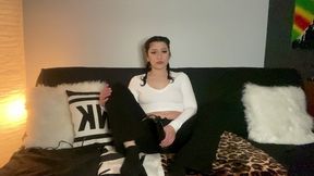cute brunette braids fully clothed vibrator orgasm