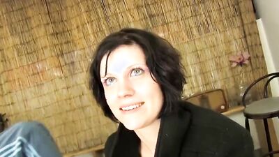 Classic porn video shows horny brunette polishing knob and getting fucked