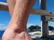 Fit Soccer Player Showing off Feet and Calves in Public Bath