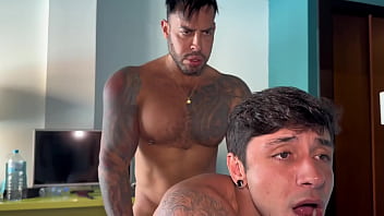 BATHROOM DEEP THROAT CREAMPIE to skinny man --VIKTOR ROM -- JORDAN NEO latino big muscle pornstar