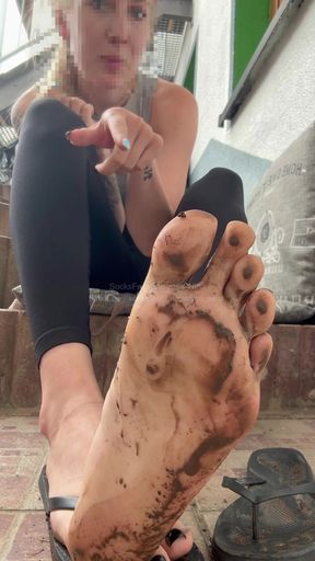 Kneel down... Do you see the dirt on my feet? Now you&#039;re going to clean it up with your tongue!