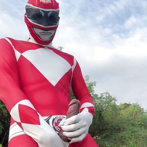 Power Ranger wanking outdoor.