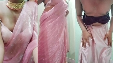 Indian Gay Crossdresser Gaurisissy Pressing and Playing with Her Big Boobs Looking in Pink Saree Looking Like a Housewife