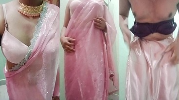 Indian Gay Crossdresser Gaurisissy Pressing and Playing with Her Big Boobs Looking in Pink Saree Looking Like a Housewife
