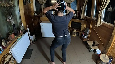 Face-fucking and cum play while wearing tight jeans 284