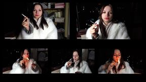 4-6 Tina is smoking all-white Winston cigarettes on the balcony at home using matches (5 scenes) 4K resolution