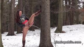 Desperate babes pee in the snow after a wild skate