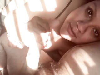 Girlfriend plays with precum in the sunlight