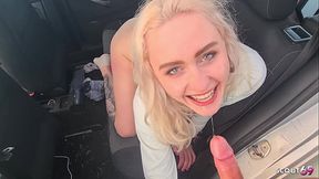 Blonde teen gets fucked hard in a car, swallows cum