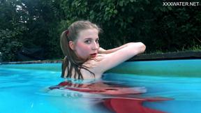 ”Super sexy in red lingerie beautiful babe Marfa underwater & by the pool”
