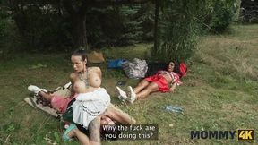 Cheating brunette with big tits takes a young hard cock on the field in a wild 69