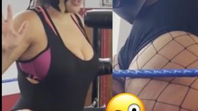 Masked female giantess destroys jobber with her ass