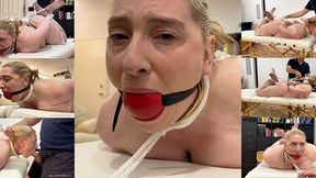 Strapped to the massage table, vibed until she cums over and over again and then face fucked while she cums some more