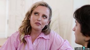 Blindfolded blonde MILF stepmom Charlie Forde taboo fucked by her stepsons