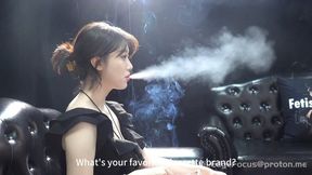 Elegant Asian QQ Beauty in Black Dress Smoking and Blowing Thick Clouds in Leather Armchair hd