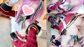 Japanese MILF cosplays Charlotte from Genshin Impact and performs a creampie triple finish