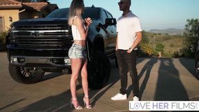 Outdoor blonde model gives a blow job