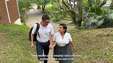 A busty classmate gives him a blowjob instead of studying, and her stepmother catches them