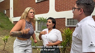 A busty classmate gives him a blowjob instead of studying, and her stepmother catches them