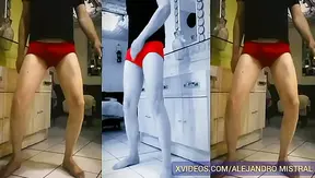 Slim mature man shows his dick in red panties exhibitionist fetish Alejandro Mistral Gay