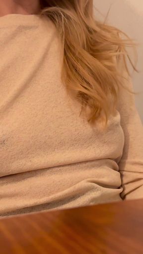Having Pizza in a sheer blouse in public  in a restaurant exposing my big nipples   Clip 2