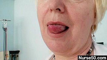 Big tits old lady in uniform fingers hairy pussy