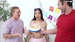 Two big cocks for pretty Asian harlot for her B-Day