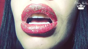 Red lips with golden glitter