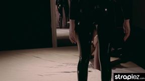 Latex Mom Crushes Petite Slut with Strapless Doggy Gushfest
