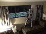 zentai skeleton jerk off at hotel room window and then room door