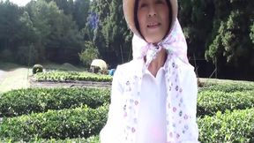 Cougar lady with big boobs runs tea plantation and shows off