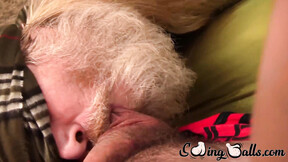 Swinging balls & huge dick munched on by mature pervert